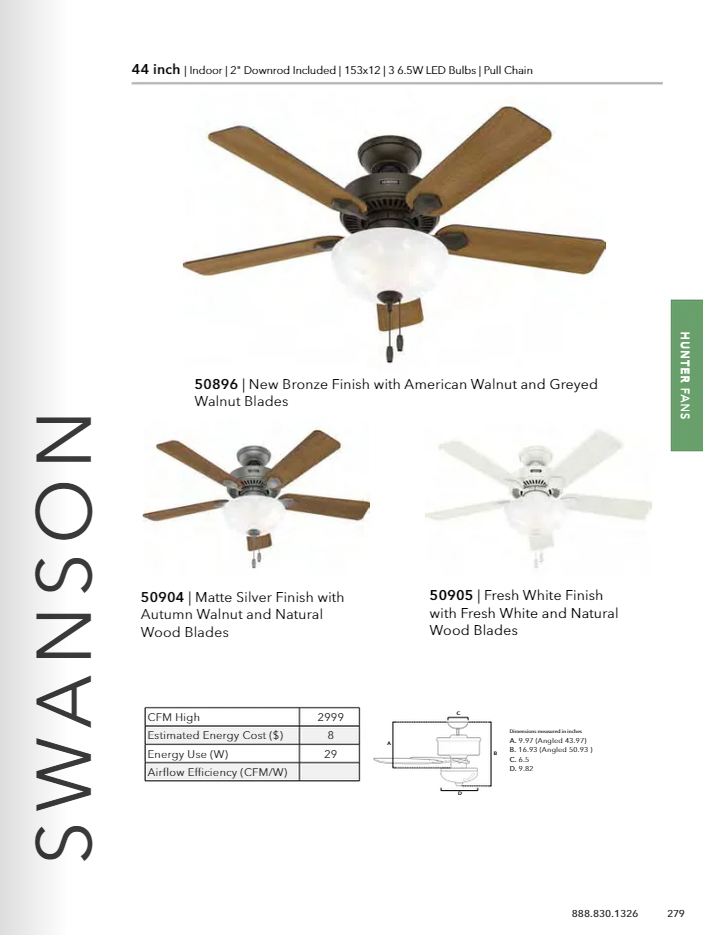 Hunter Fan Swanson 44" Indoor Pull Chain Ceiling Fan with 19.5W LED Bowl