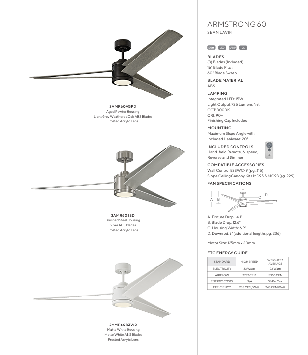 Visual Comfort Armstrong 60" Indoor/Outdoor DC Ceiling Fan with 15W LED Light and Remote