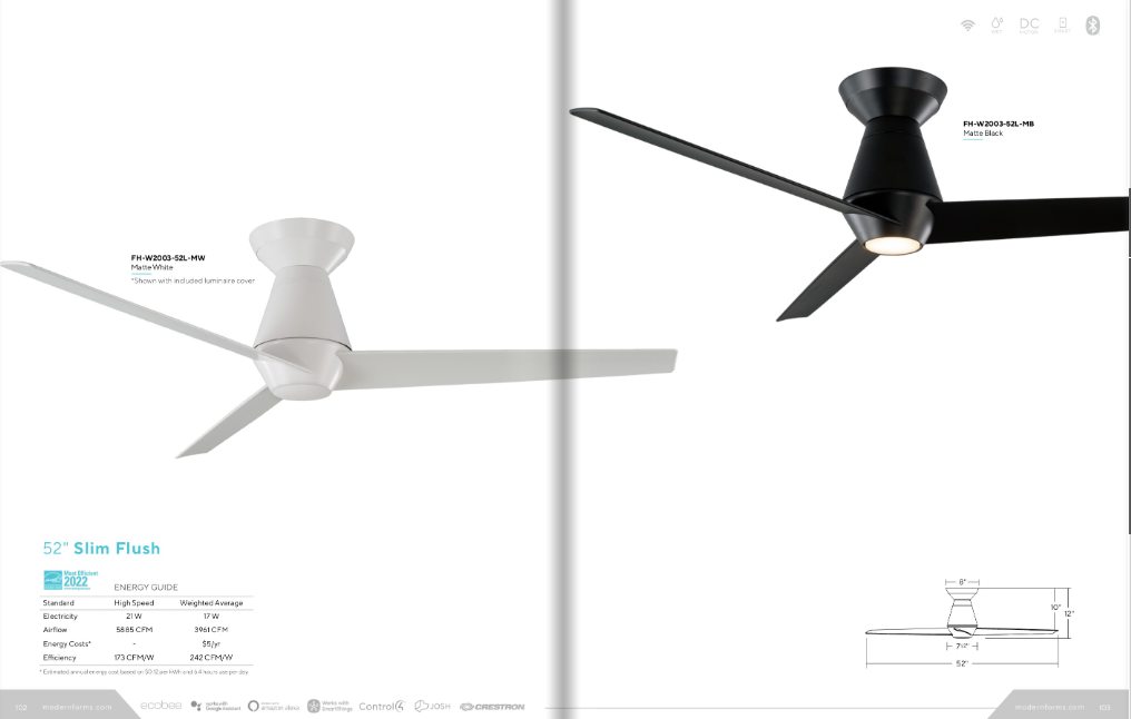 Modern Forms Fan Slim 52" Smart Outdoor DC Flushmount Ceiling Fan with 11.5W CCT LED and Remote