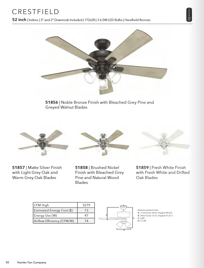 Hunter Fan Crestfield 52" Ceiling Fan with 21W LED and Remote