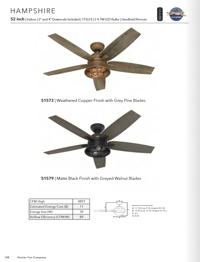 Hunter Fan Hampshire 52" Ceiling Fan with 9W LED and Remote