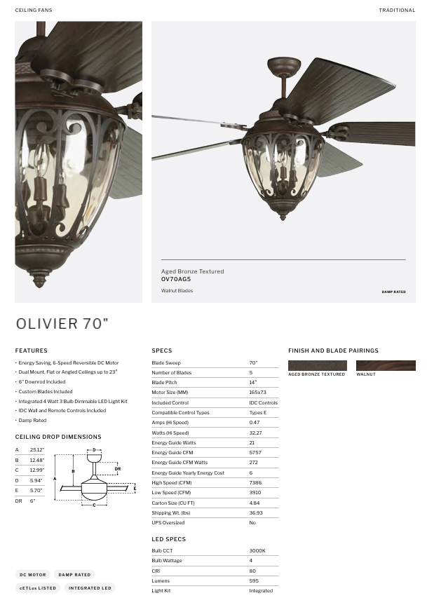 Craftmade Olivier 70" Indoor/Outdoor DC Ceiling Fan with LED plus Wall and Remote in Aged Bronze Textured