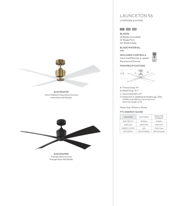 Visual Comfort Launceton 56" Indoor/Outdoor DC Ceiling Fan with Remote