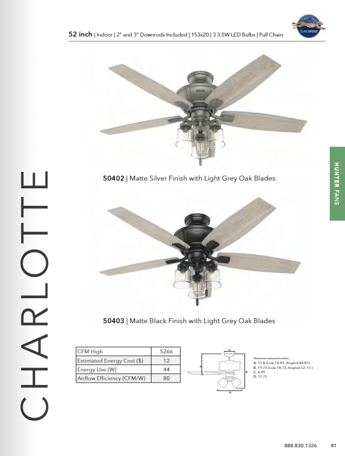 Hunter Fan Charlotte 52" Indoor Pull Chain Ceiling Fan 10.5W LED