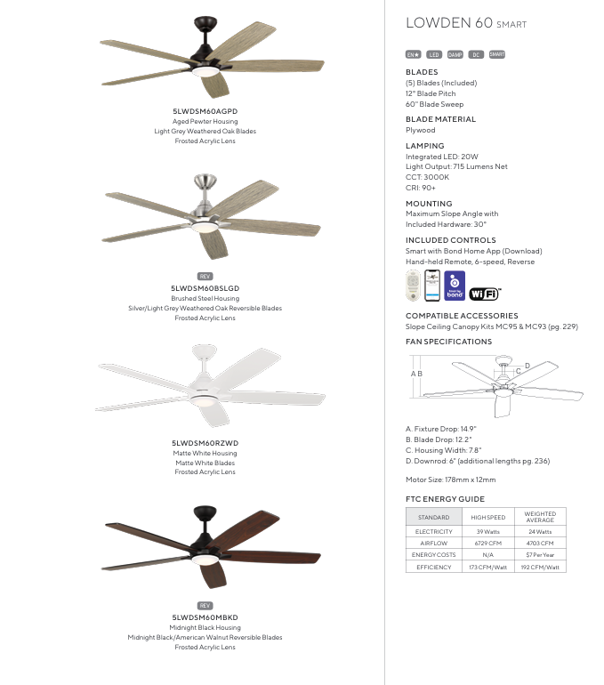 Generation Lighting Lowden 60'' Smart Indoor/Outdoor DC Ceiling Fan with 20W LED and Remote