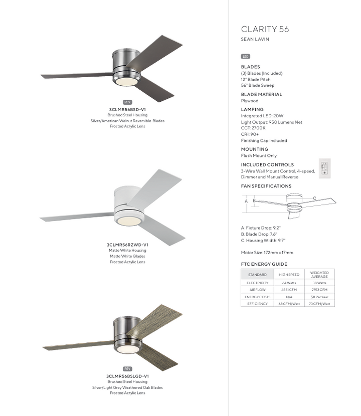 Generation Lighting Clarity Flushmount Ceiling Fan with 20W LED Light and Wall/Remote Control