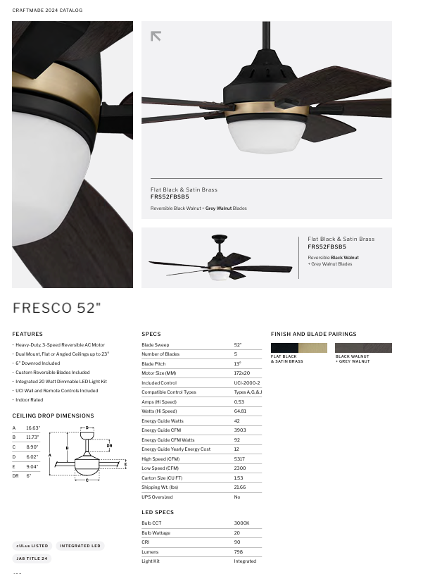 Craftmade Fresco 52" Ceiling Fan with 20W LED Light Wall and Remote Control in Flat Black/Satin Brass