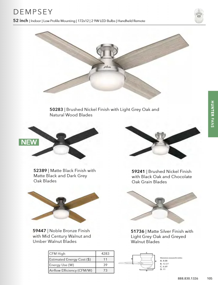 Hunter Fan Dempsey 52" Flushmount Ceiling Fan with 18W LED and Remote