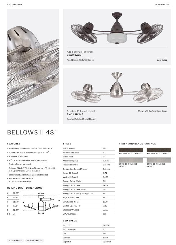 Craftmade Bellows II 48" I Rotating Ceiling Fan with LED and Wall and Remote Control