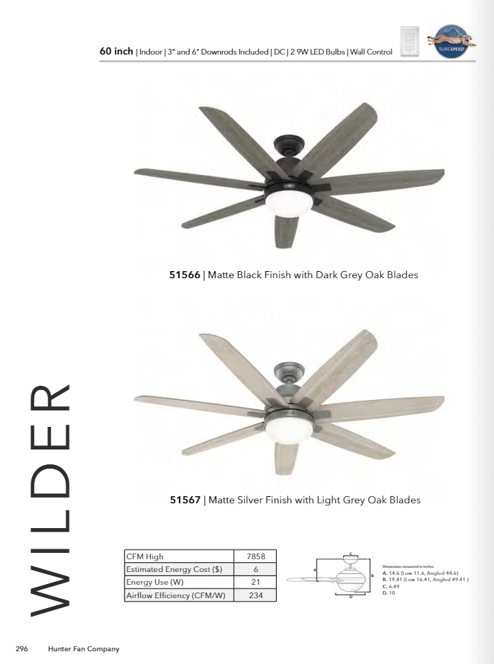 Hunter Fan Wilder 60" Indoor DC Ceiling Fan with 18W LED and Wall Control