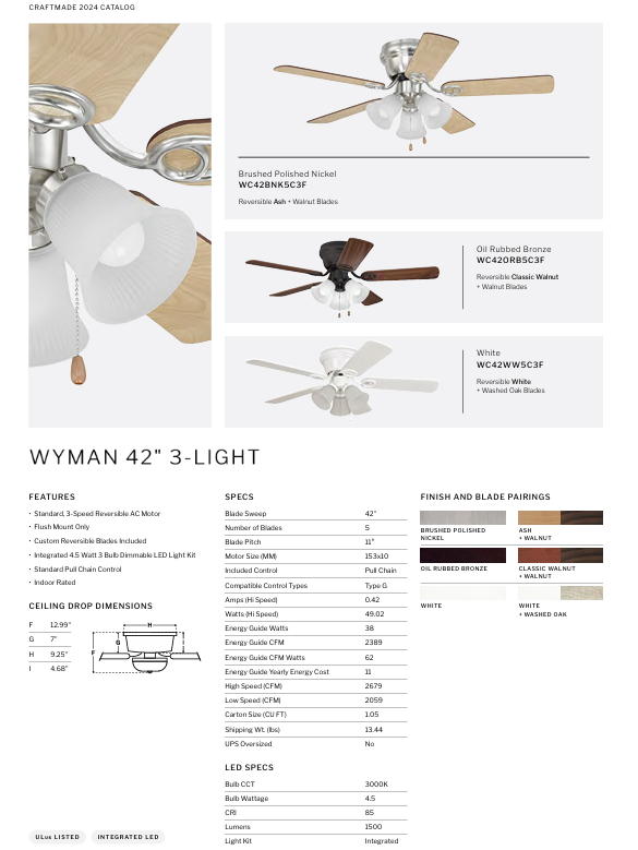 Craftmade Wyman 3 Light 42" Flushmount Pull Chain Ceiling Fan with LED 3 Light Kit