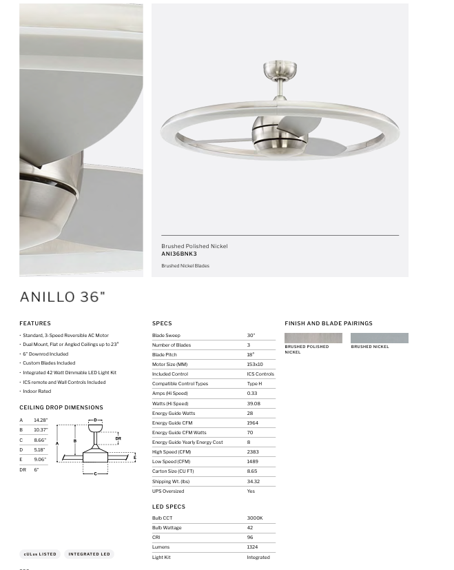 Craftmade Anillo 36" Fandelier with 42W Dimmable LED Light and Remote and Wall Control in Brushed Polished Nickel