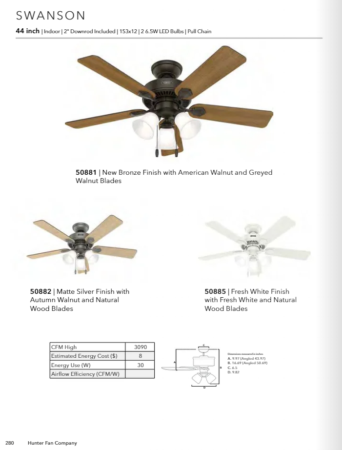 Hunter Fan Swanson 44" Indoor Pull Chain Ceiling Fan with 3 lights 20W LED