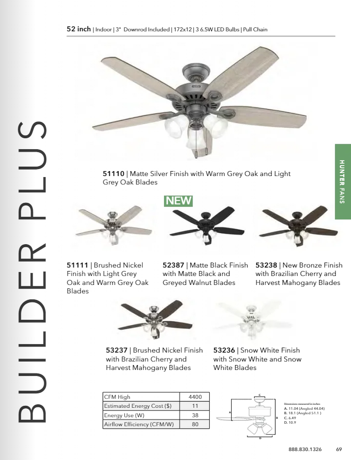 Hunter Fan Builder Plus 52" Pull Chain Ceiling Fan with 21W LED