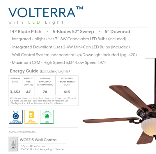 Minka Aire Volterra 52" Ceiling Fan with LED Light and Wall Control