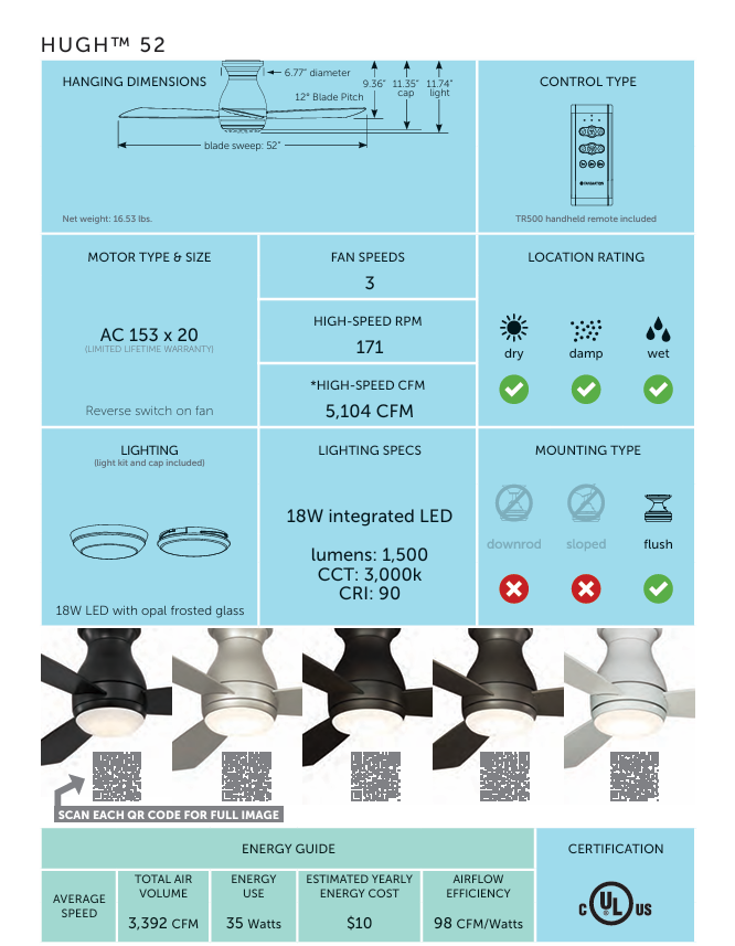 Fanimation Hugh 52" AC Indoor/Outdoor Flushmount Ceiling Fan with 18W LED Light and Remote Control