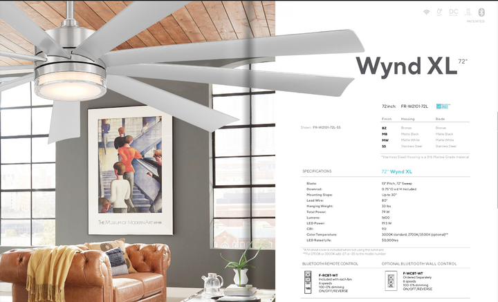 Modern Forms Fans Wynd Xl 72" Smart Outdoor DC Ceiling Fan with 19.5W LED and Remote Control