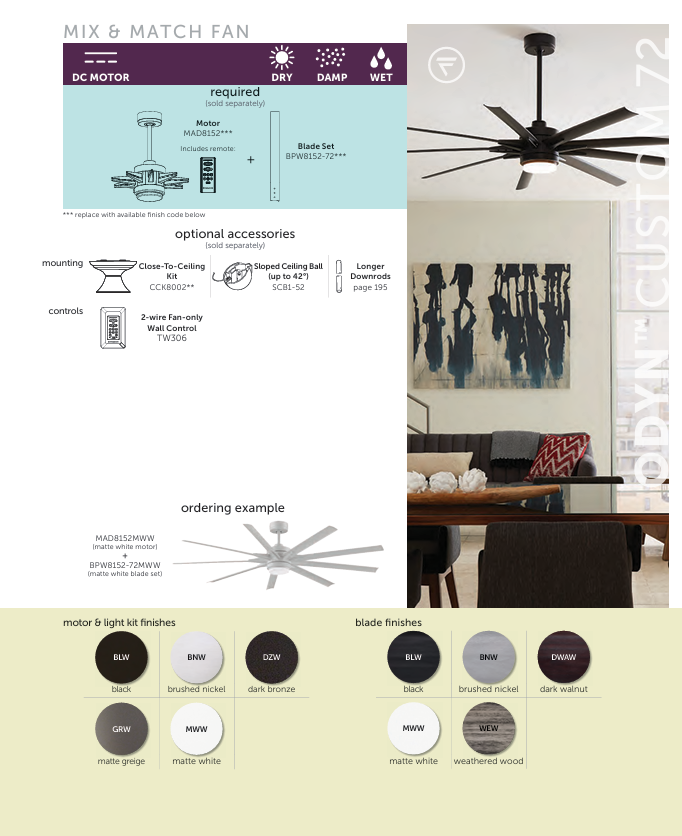 Fanimation Odyn 72" DC Indoor/Outdoor Mix & Match Ceiling Fan with 18W LED Light and Remote Control