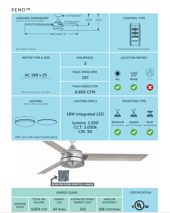 Fanimation 56" Xeno Ceiling Fan with 18W LED Light and Remote Control