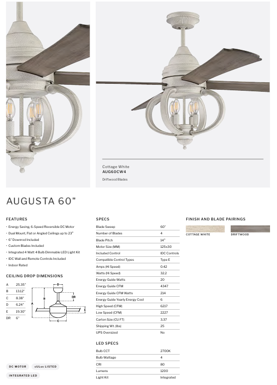 Craftmade Augusta 60" DC Ceiling Fan with LED and Wall and Remote in Cottage White