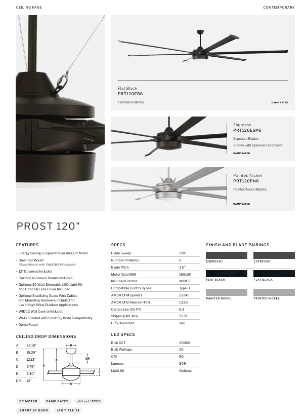 Craftmade Prost Indoor/Outdoor Smart DC Ceiling Fan with 20W LED and Wall and Remote Control