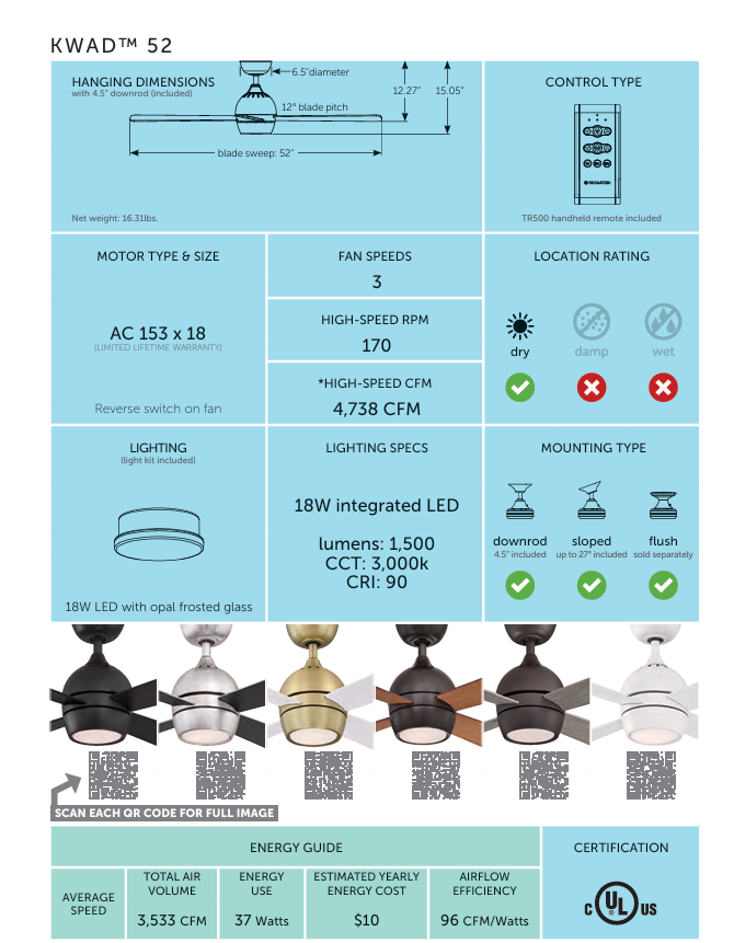 Fanimation Kwad 52" AC Motor Ceiling Fan with 18W LED Light and Remote Control