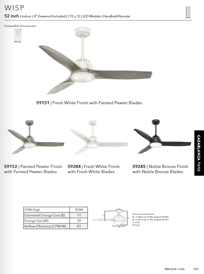 Casablanca Wisp Indoor Ceiling Fan with 18W LED and Remote