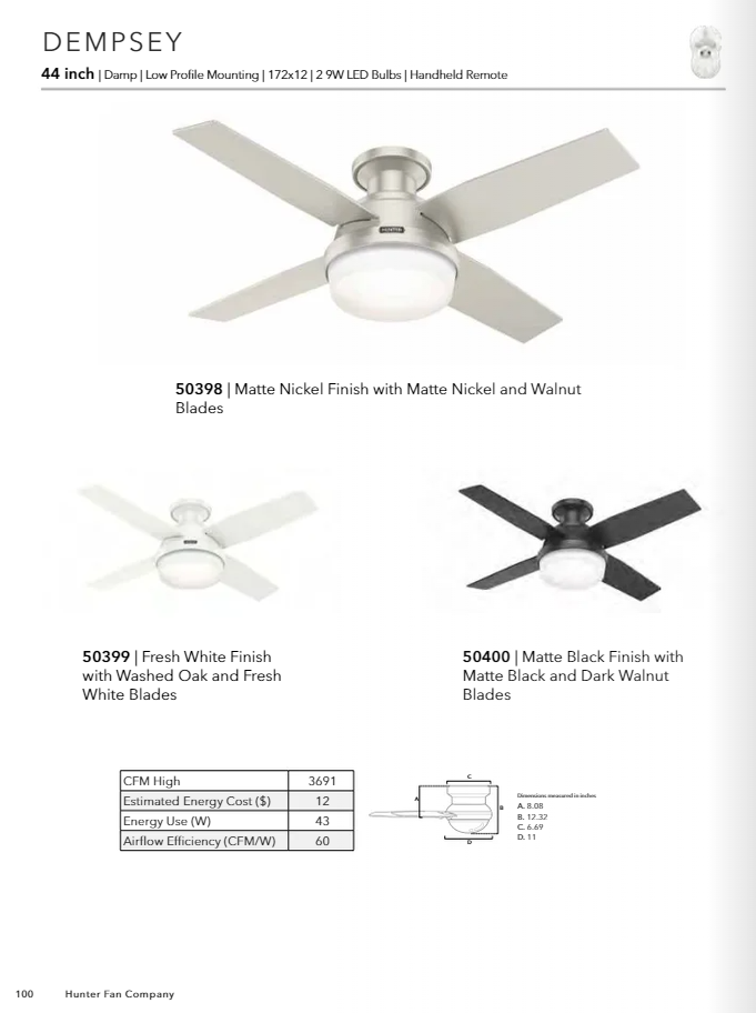 Hunter Fan Dempsey Indoor/Outdoor 44" Flushmount Ceiling Fan with 18W LED and Remote