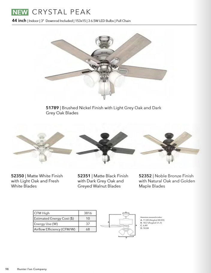 Hunter Fan Crystal Peak 44" Pull Chain Ceiling Fan with 21W LED