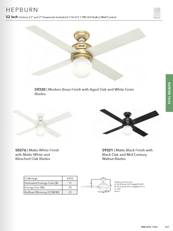 Hunter Fan Hepburn Ceiling Fan with 9W LED and Wall Control