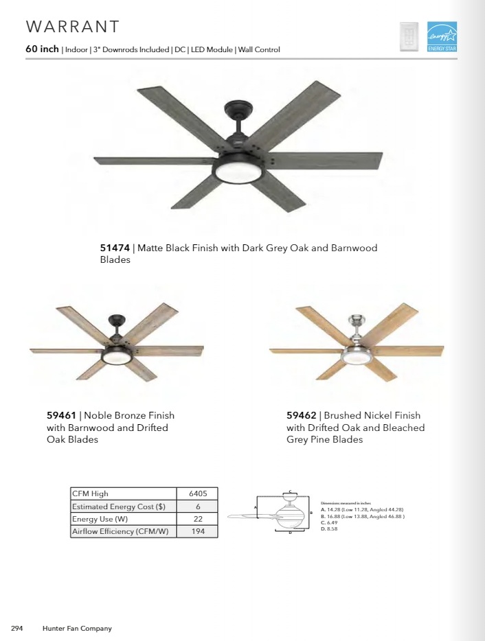 Hunter Fan Warrant 60" Indoor DC Ceiling Fan with LED and Wall Control