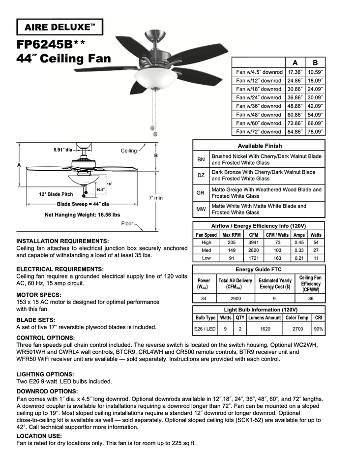 Fanimation Aire Deluxe 44" Pull Chain Ceiling Fan with Light