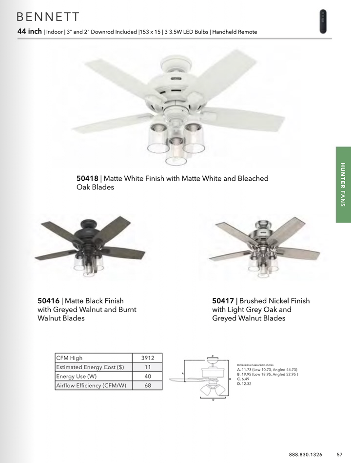 Hunter Fan Bennett Ceiling Fan with 3lights 11W LED and Remote