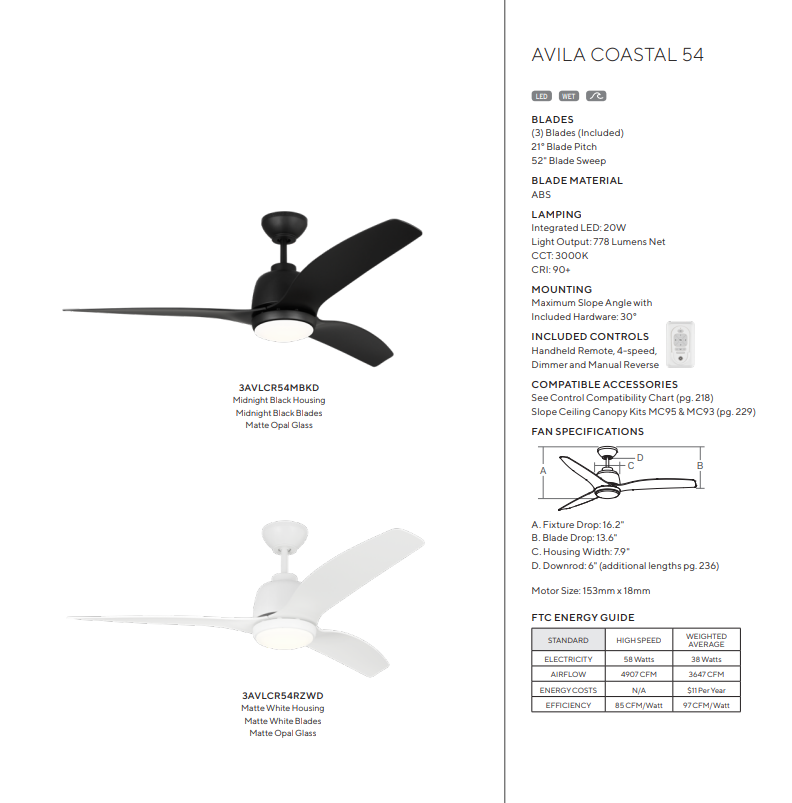 Visual Comfort Avila Coastal Marine Grade 54" Outdoor Ceiling Fan with 16W LED and Remote