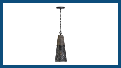 Barn light pendant on white background with blue border.