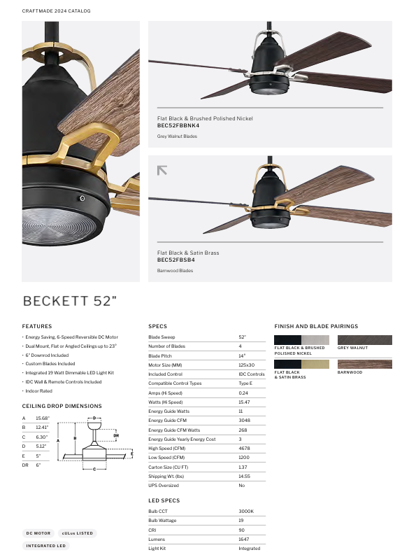 Craftmade Beckett 52" DC Ceiling Fan with 19W LED Light and Wall and Remote Control