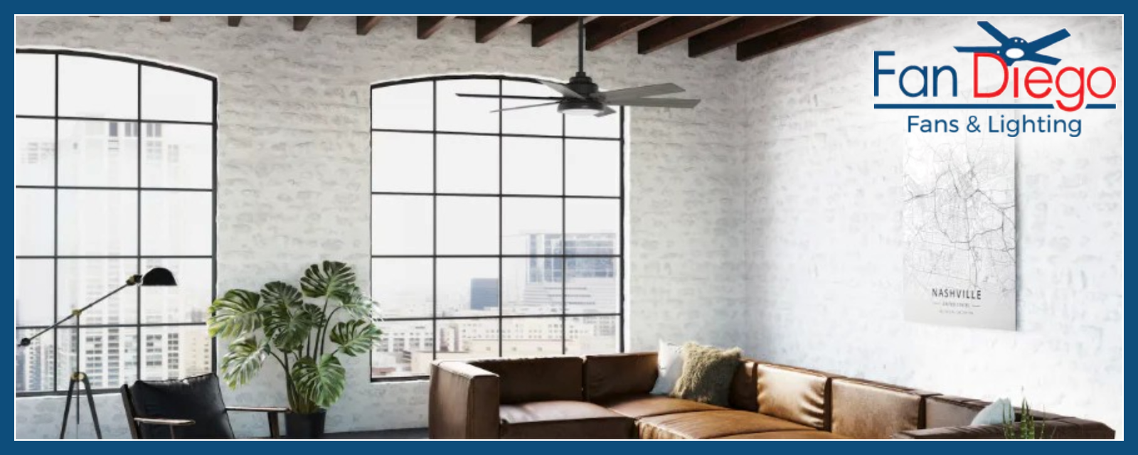 A living room with large windows, a brown leather sofa, a rug, and a few chairs and plants.