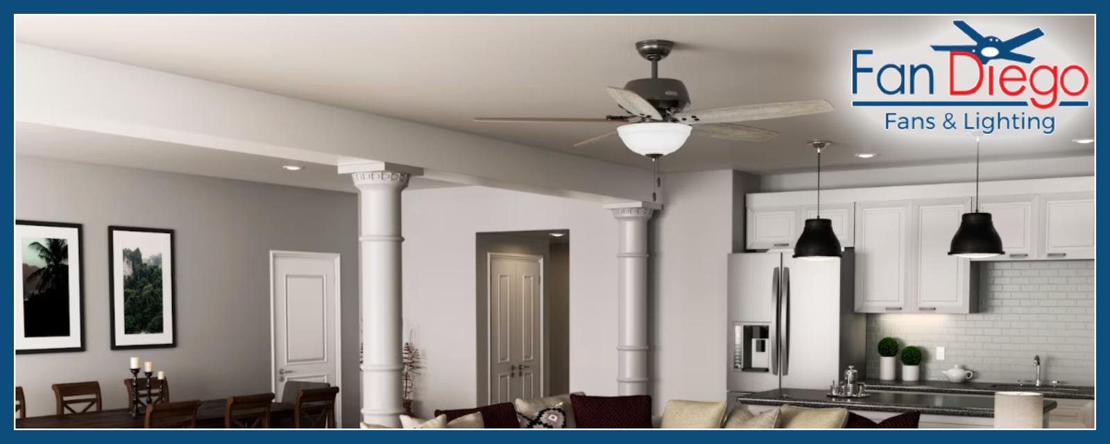 Modern kitchen with victorian ceiling fan and 'Fan Diego' branding