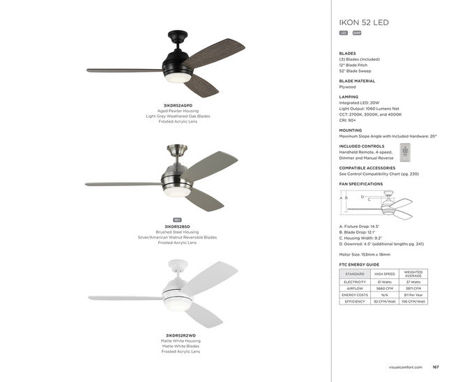 Visual Comfort Ikon 52 LED 52" Indoor/Outdoor Ceiling Fan with 20W LED and Remote