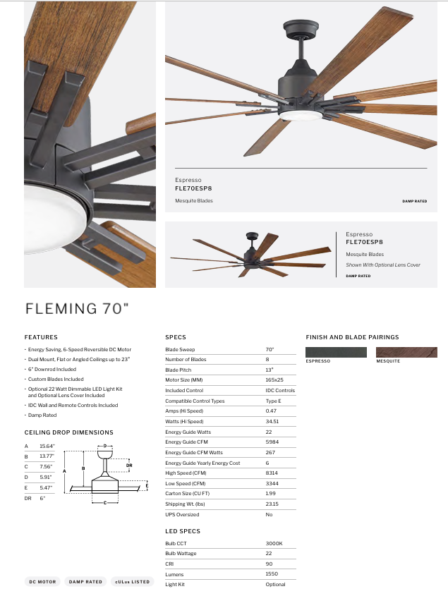 Craftmade Fleming 70" Indoor/Outdoor DC Ceiling Fan with Wall and Remote Control