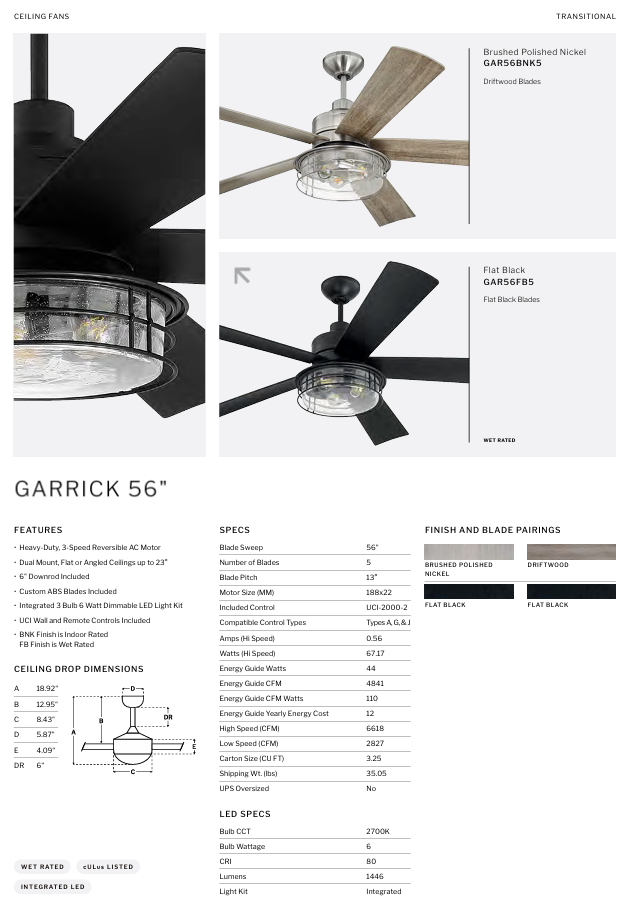 Craftmade Garrick 56" Indoor/Outdoor Ceiling Fan with LED and Wall and Remote