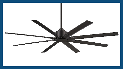 Black ceiling fan with eight blades on a white background