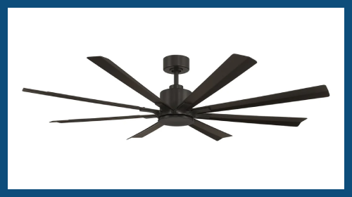 Black ceiling fan with 8 blades on a white background