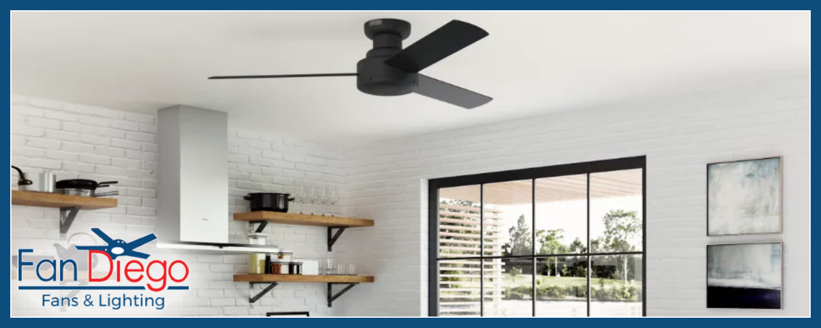 Ceiling fan in a modern room with shelves and a window, featuring the Fan Diego logo.