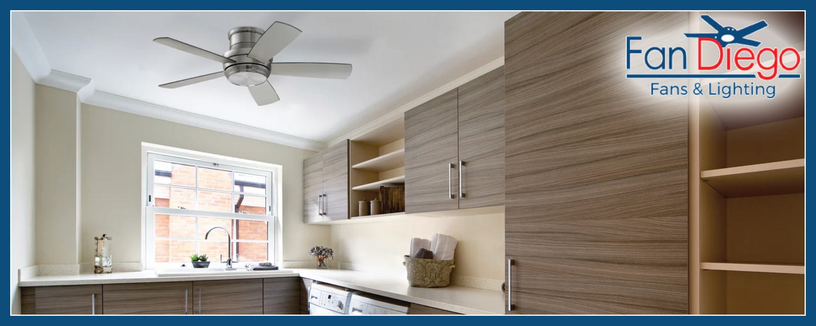 Modern kitchen with wooden cabinets and a ceiling fan, featuring the Fan Diego logo.