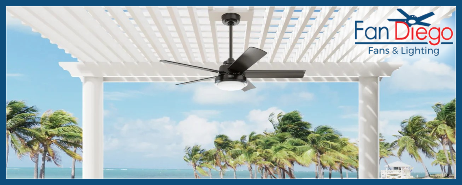 Ceiling fan in a patio setting with palm trees and clear sky, featuring Fan Diego logo.