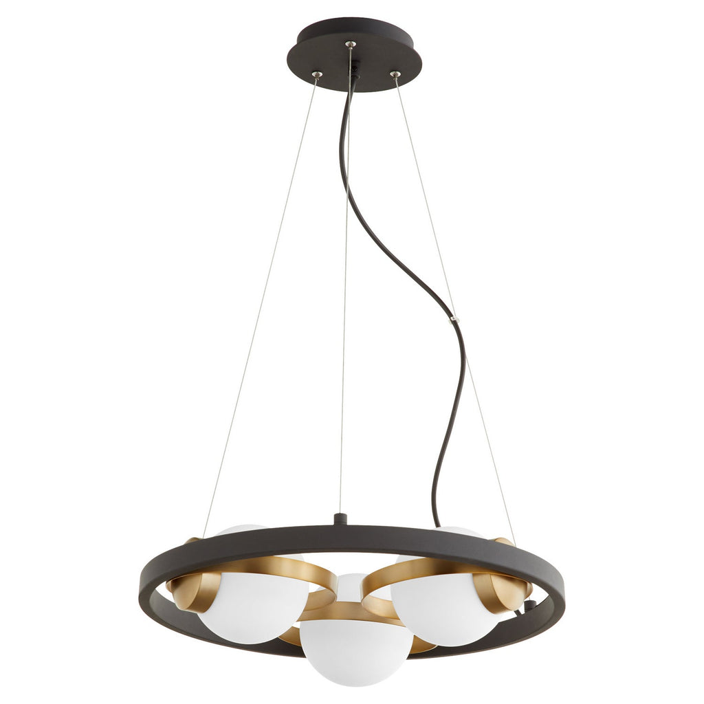 Quorum Three Light Chandelier in Textured Black w/ Aged Brass