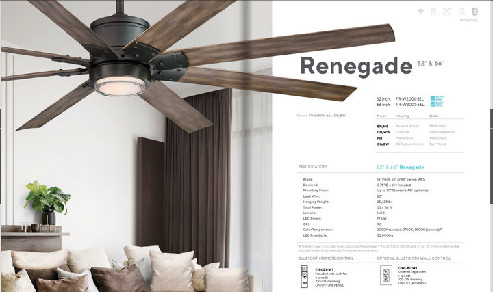 Modern Forms Fans Renegade Smart Outdoor DC Ceiling Fan with 19.5W CCT LED and remote control