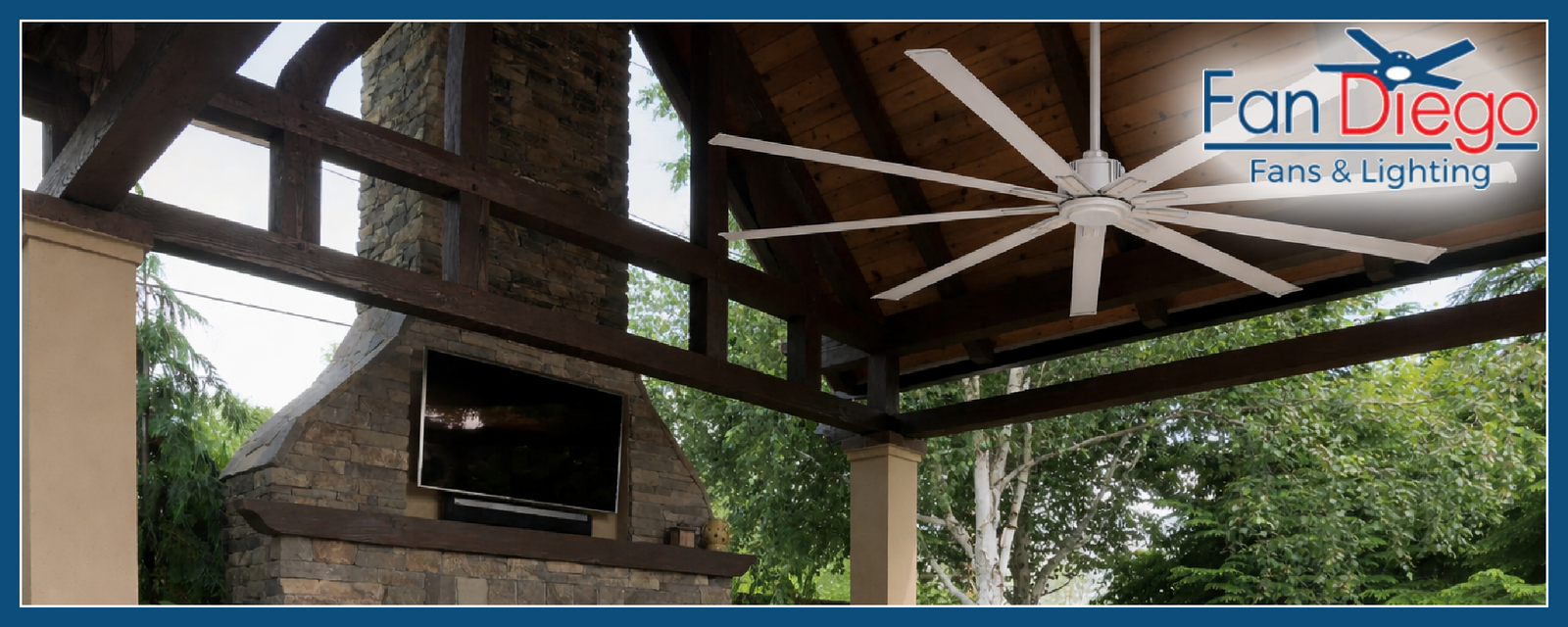Ceiling fan in a covered outdoor area with 'Fan Diego' branding.